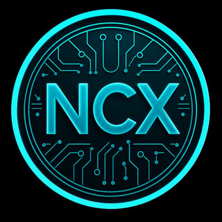 Glowing cyan circular tech logo with NCX text surrounded by circuit board patterns on dark background