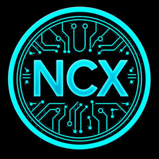 Neon cyan circular logo with NCX text surrounded by circuit board patterns on black background