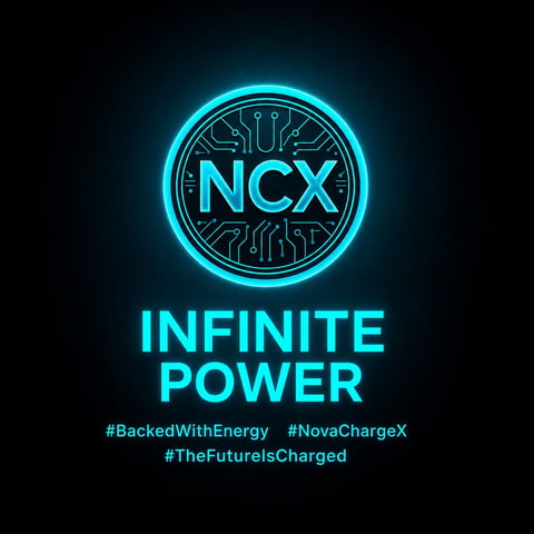Neon glowing NCX logo with circuit pattern inside circular ring and Infinite Power text below on dark background